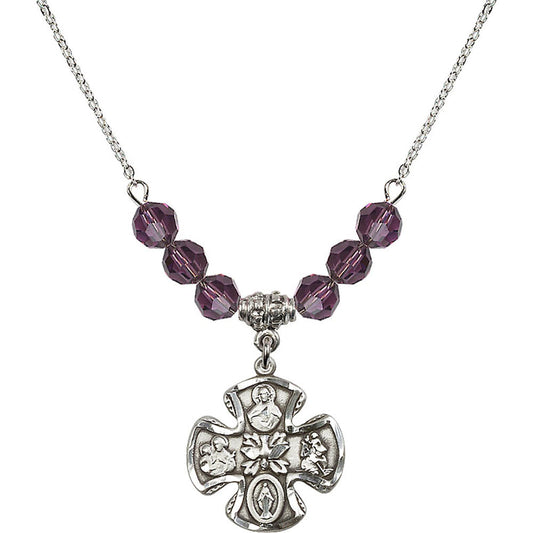Sterling Silver 5-Way Birthstone Necklace with Amethyst Beads - 5443