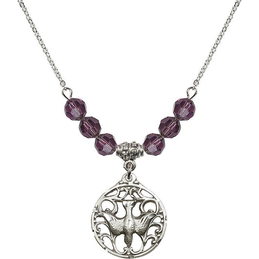 Sterling Silver Holy Spirit Birthstone Necklace with Amethyst Beads - 5655