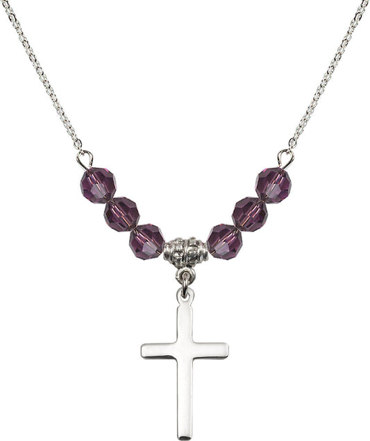 Sterling Silver Cross Birthstone Necklace with Amethyst Beads - 5670