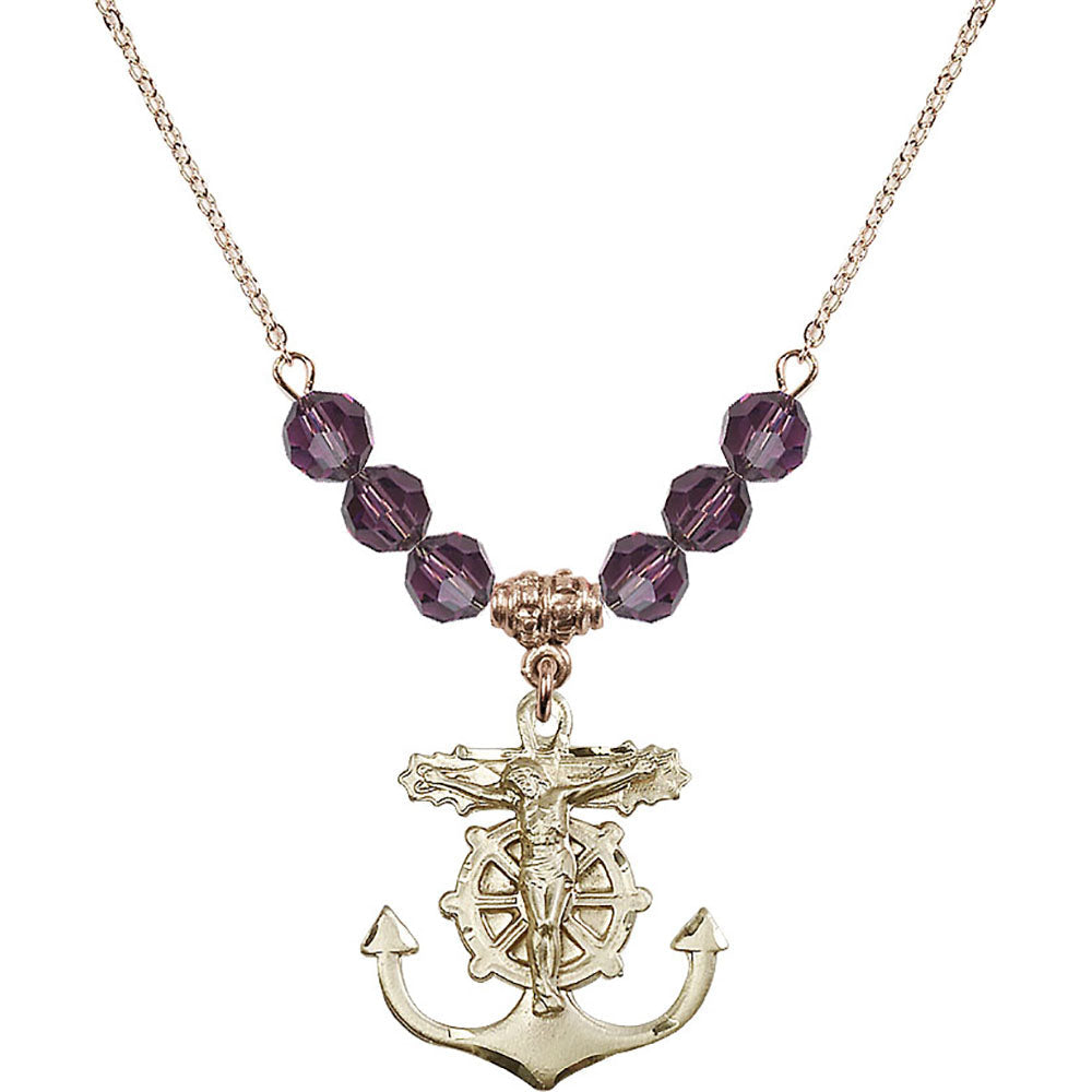 14kt Gold Filled Anchor Crucifix Birthstone Necklace with Amethyst Beads - 5685