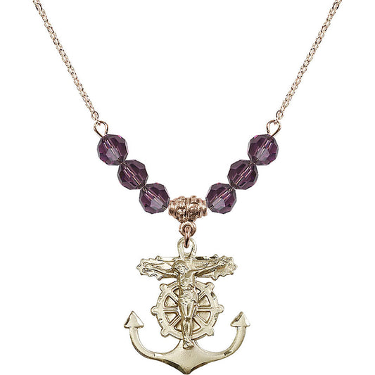 14kt Gold Filled Anchor Crucifix Birthstone Necklace with Amethyst Beads - 5685