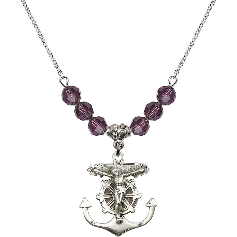Sterling Silver Anchor Crucifix Birthstone Necklace with Amethyst Beads - 5685