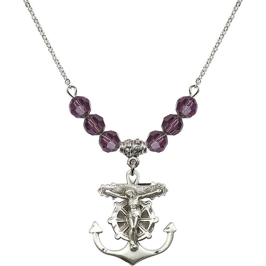 Sterling Silver Anchor Crucifix Birthstone Necklace with Amethyst Beads - 5685