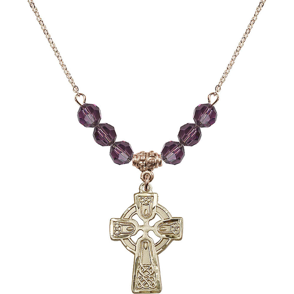14kt Gold Filled Celtic Cross Birthstone Necklace with Amethyst Beads - 5689