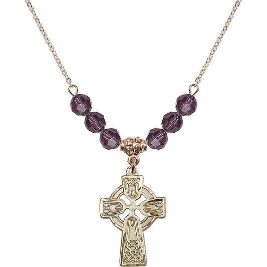 14kt Gold Filled Celtic Cross Birthstone Necklace with Amethyst Beads - 5689