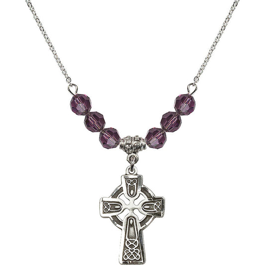 Sterling Silver Celtic Cross Birthstone Necklace with Amethyst Beads - 5689