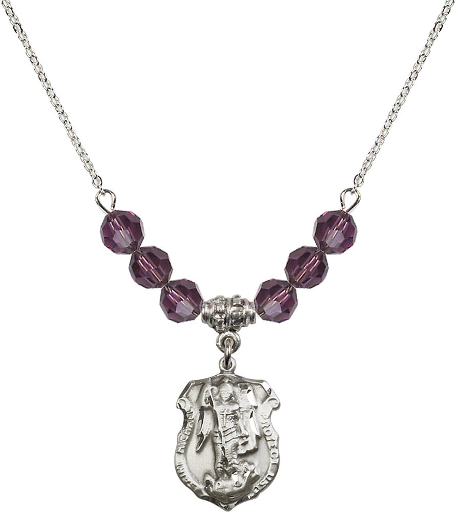 Sterling Silver Saint Michael the Archangel Birthstone Necklace with Amethyst Beads - 5692