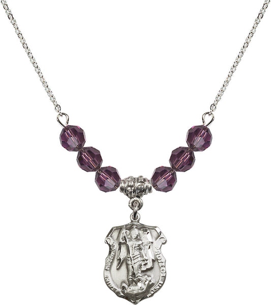Sterling Silver Saint Michael the Archangel Birthstone Necklace with Amethyst Beads - 5692