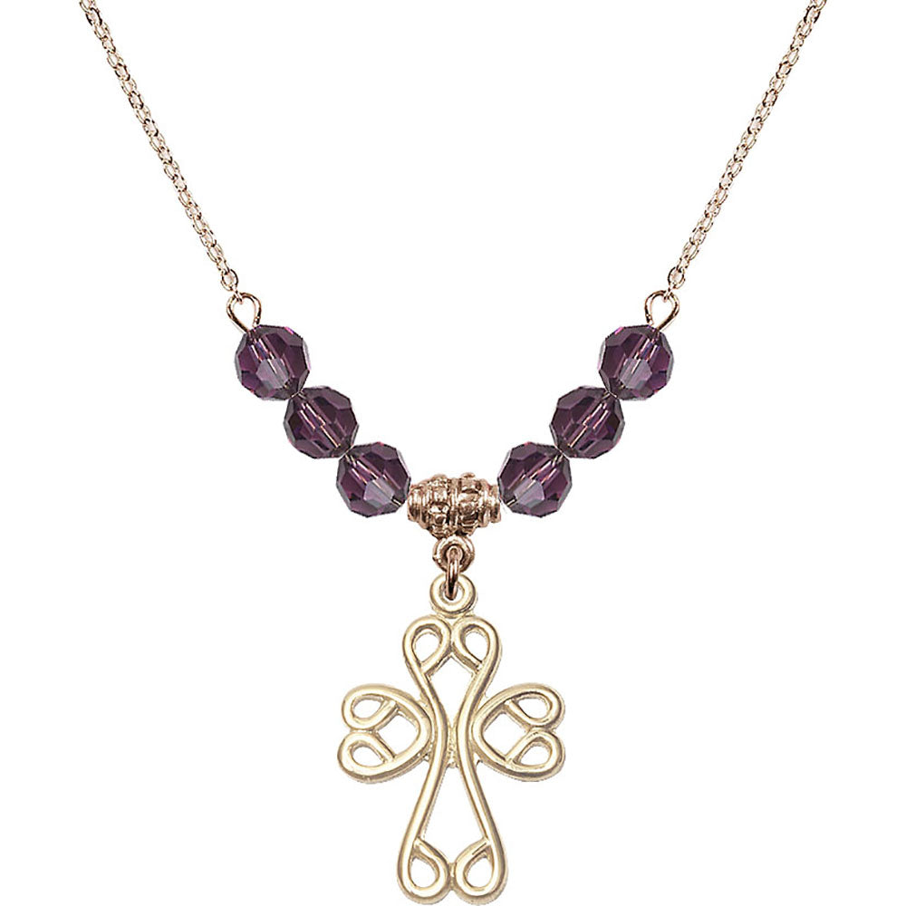 14kt Gold Filled Scroll Cross Birthstone Necklace with Amethyst Beads - 5998
