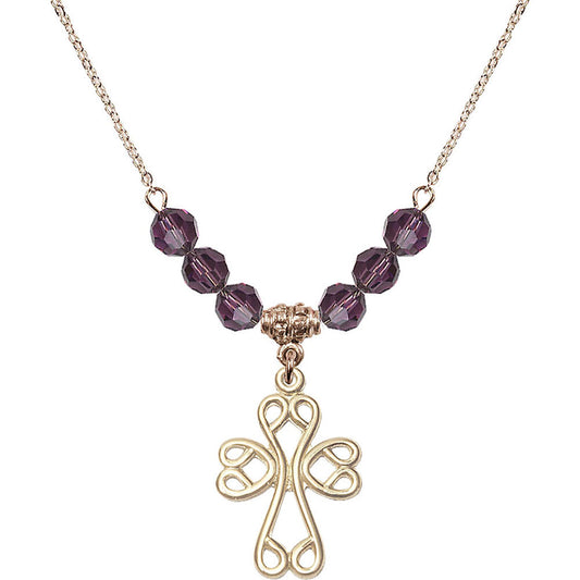 14kt Gold Filled Scroll Cross Birthstone Necklace with Amethyst Beads - 5998