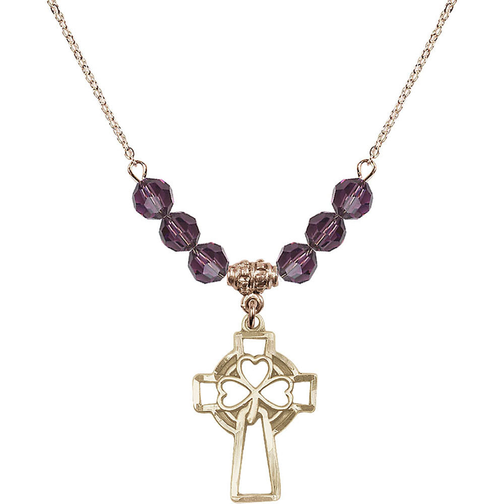 14kt Gold Filled Shamrock Cross Birthstone Necklace with Amethyst Beads - 5999