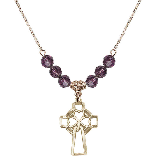 14kt Gold Filled Shamrock Cross Birthstone Necklace with Amethyst Beads - 5999