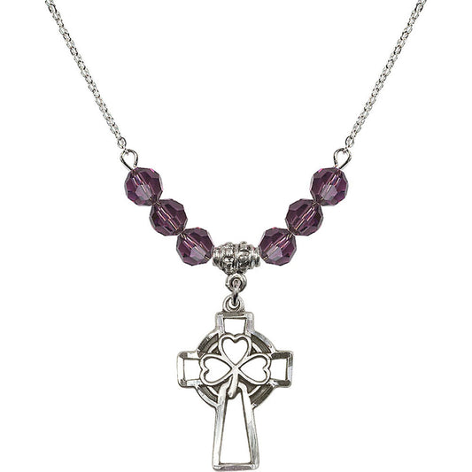 Sterling Silver Shamrock Cross Birthstone Necklace with Amethyst Beads - 5999
