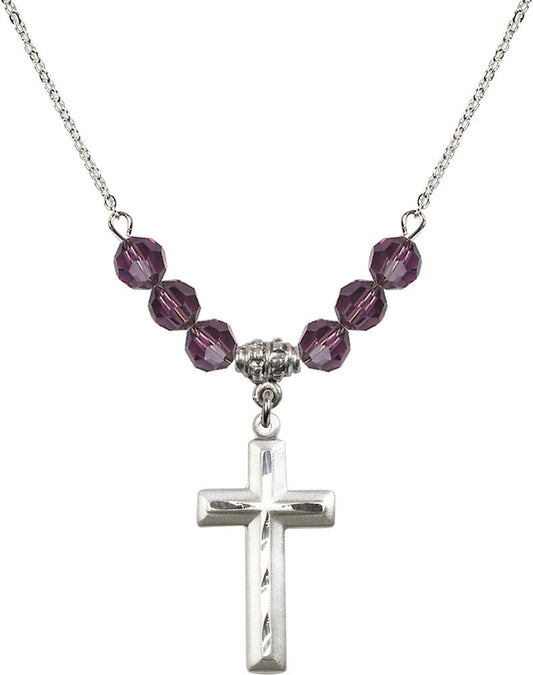 Sterling Silver Cross Birthstone Necklace with Amethyst Beads - 6000
