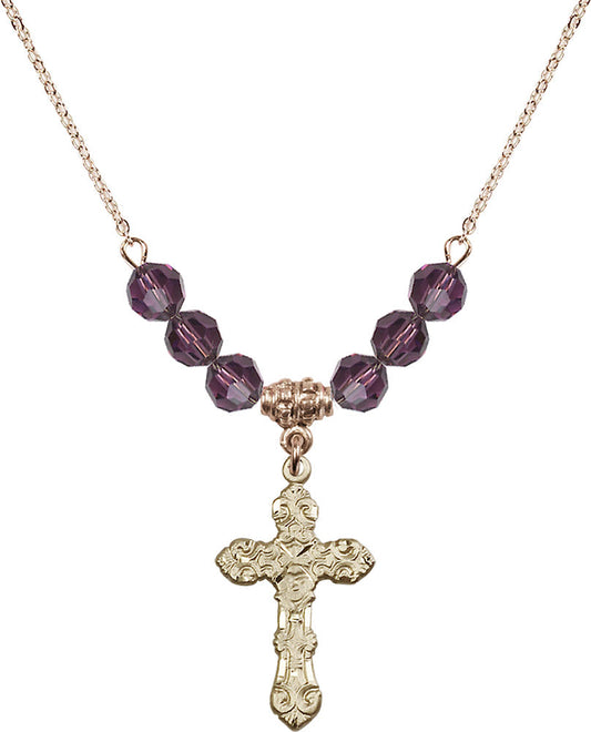 14kt Gold Filled Cross Birthstone Necklace with Amethyst Beads - 6001
