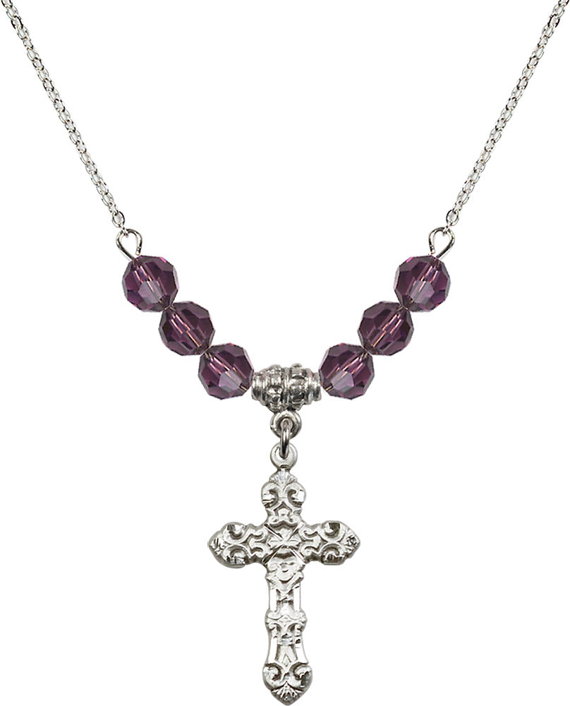 Sterling Silver Cross Birthstone Necklace with Amethyst Beads - 6001