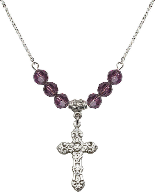 Sterling Silver Cross Birthstone Necklace with Amethyst Beads - 6001