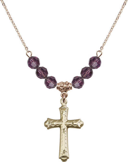 14kt Gold Filled Cross Birthstone Necklace with Amethyst Beads - 6007