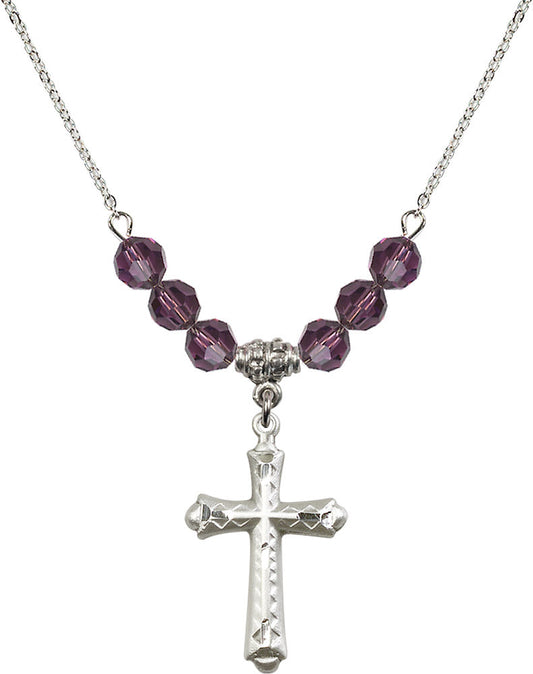 Sterling Silver Cross Birthstone Necklace with Amethyst Beads - 6007