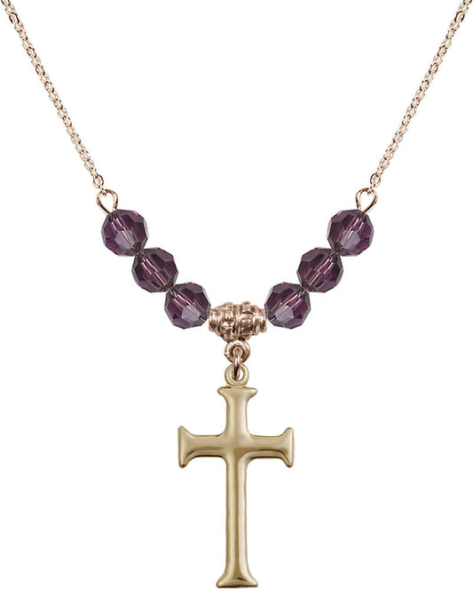 14kt Gold Filled Cross Birthstone Necklace with Amethyst Beads - 6008