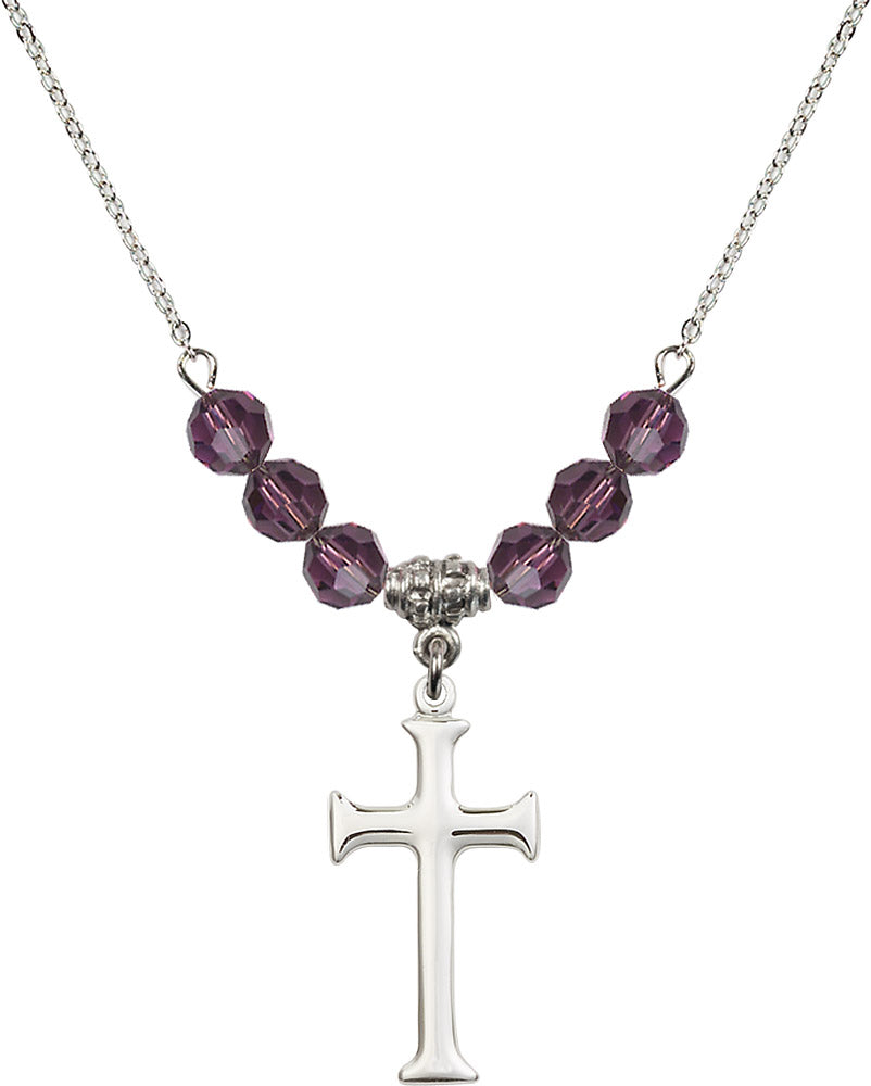 Sterling Silver Cross Birthstone Necklace with Amethyst Beads - 6008