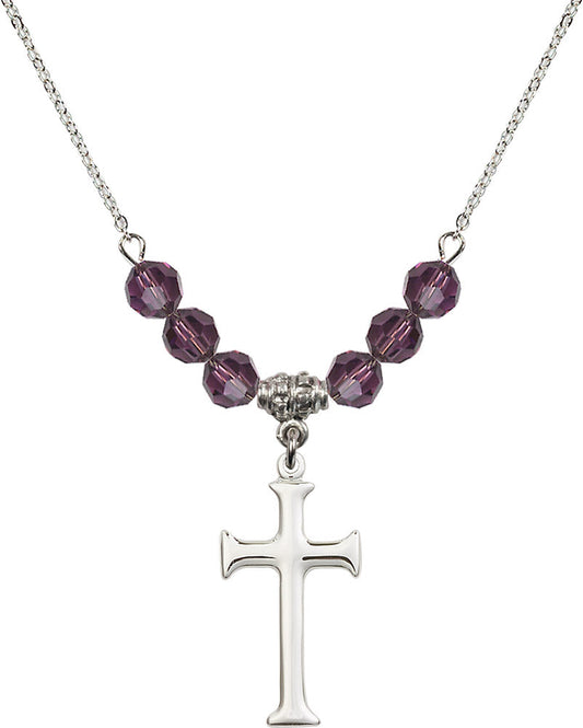 Sterling Silver Cross Birthstone Necklace with Amethyst Beads - 6008