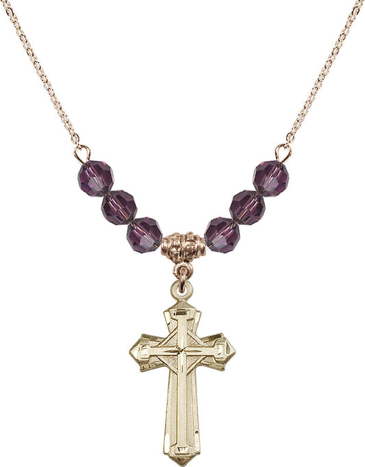 14kt Gold Filled Cross Birthstone Necklace with Amethyst Beads - 6012