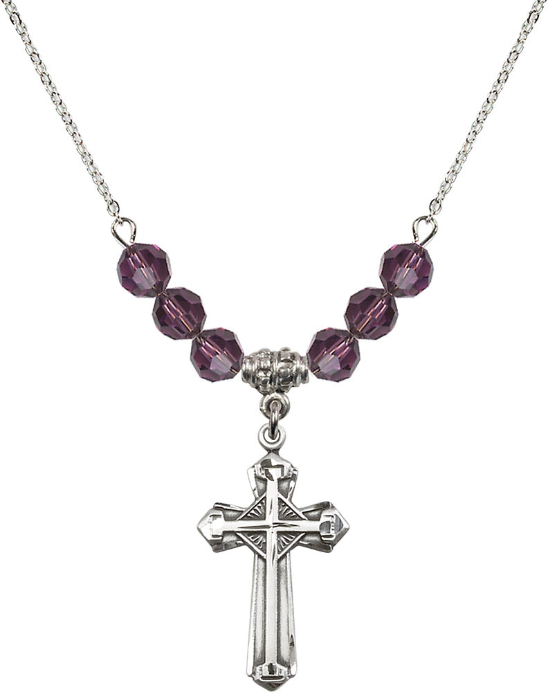 Sterling Silver Cross Birthstone Necklace with Amethyst Beads - 6012