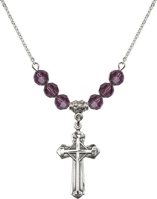 Sterling Silver Cross Birthstone Necklace with Amethyst Beads - 6012
