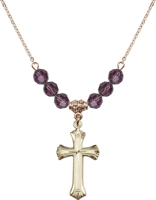 14kt Gold Filled Cross Birthstone Necklace with Amethyst Beads - 6013
