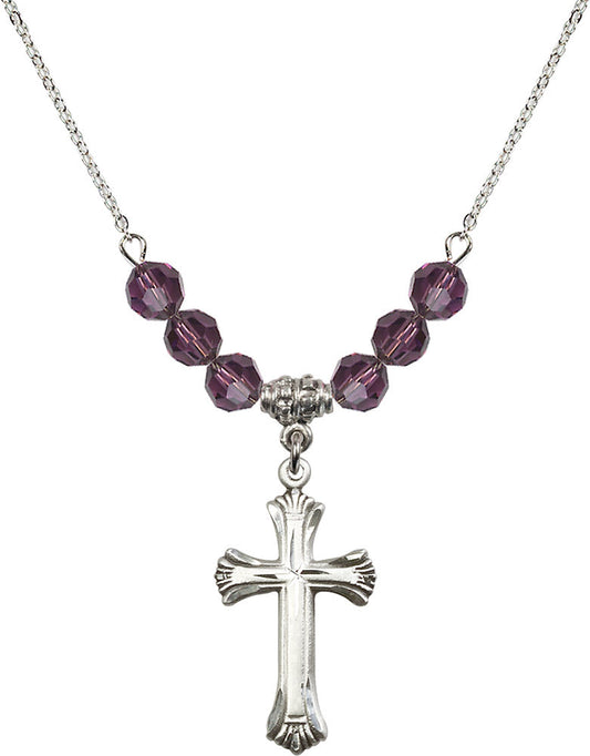 Sterling Silver Cross Birthstone Necklace with Amethyst Beads - 6013