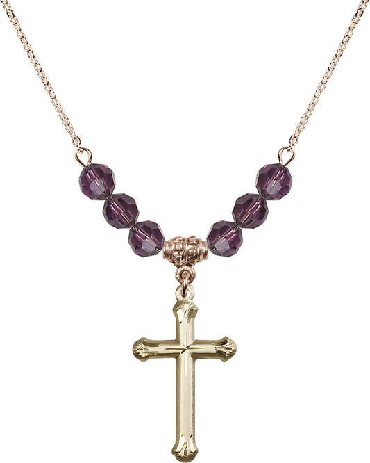 14kt Gold Filled Cross Birthstone Necklace with Amethyst Beads - 6022