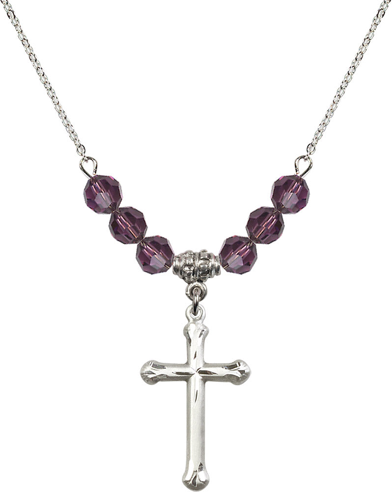 Sterling Silver Cross Birthstone Necklace with Amethyst Beads - 6022
