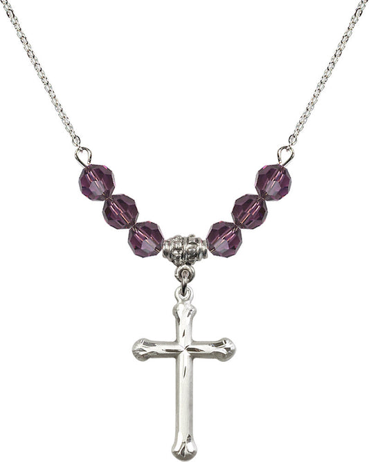 Sterling Silver Cross Birthstone Necklace with Amethyst Beads - 6022