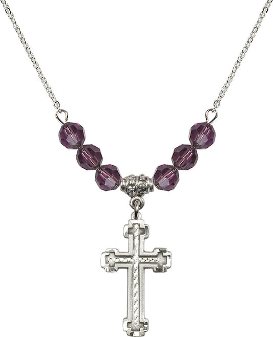 Sterling Silver Cross Birthstone Necklace with Amethyst Beads - 6039