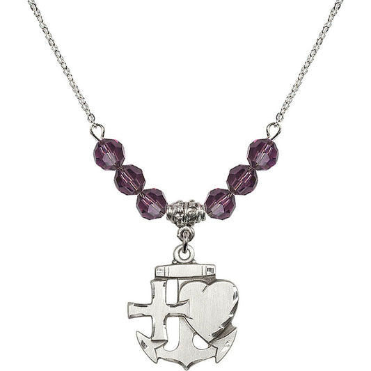 Sterling Silver Faith, Hope & Charity Birthstone Necklace with Amethyst Beads - 6045