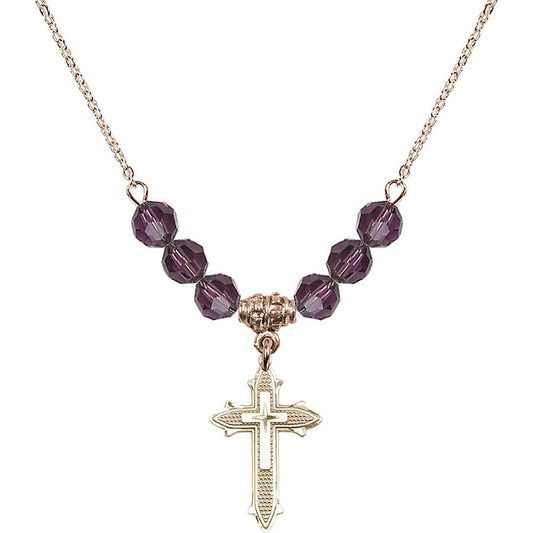 14kt Gold Filled Cross on Cross Birthstone Necklace with Amethyst Beads - 6058