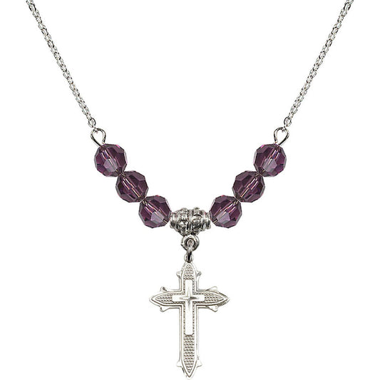 Sterling Silver Cross on Cross Birthstone Necklace with Amethyst Beads - 6058