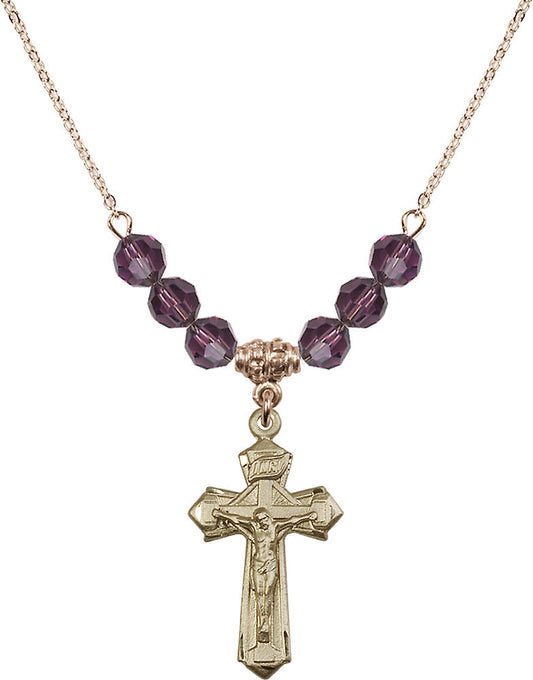 14kt Gold Filled Crucifix Birthstone Necklace with Amethyst Beads - 6092