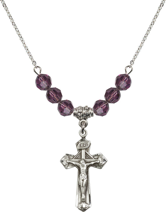 Sterling Silver Crucifix Birthstone Necklace with Amethyst Beads - 6092