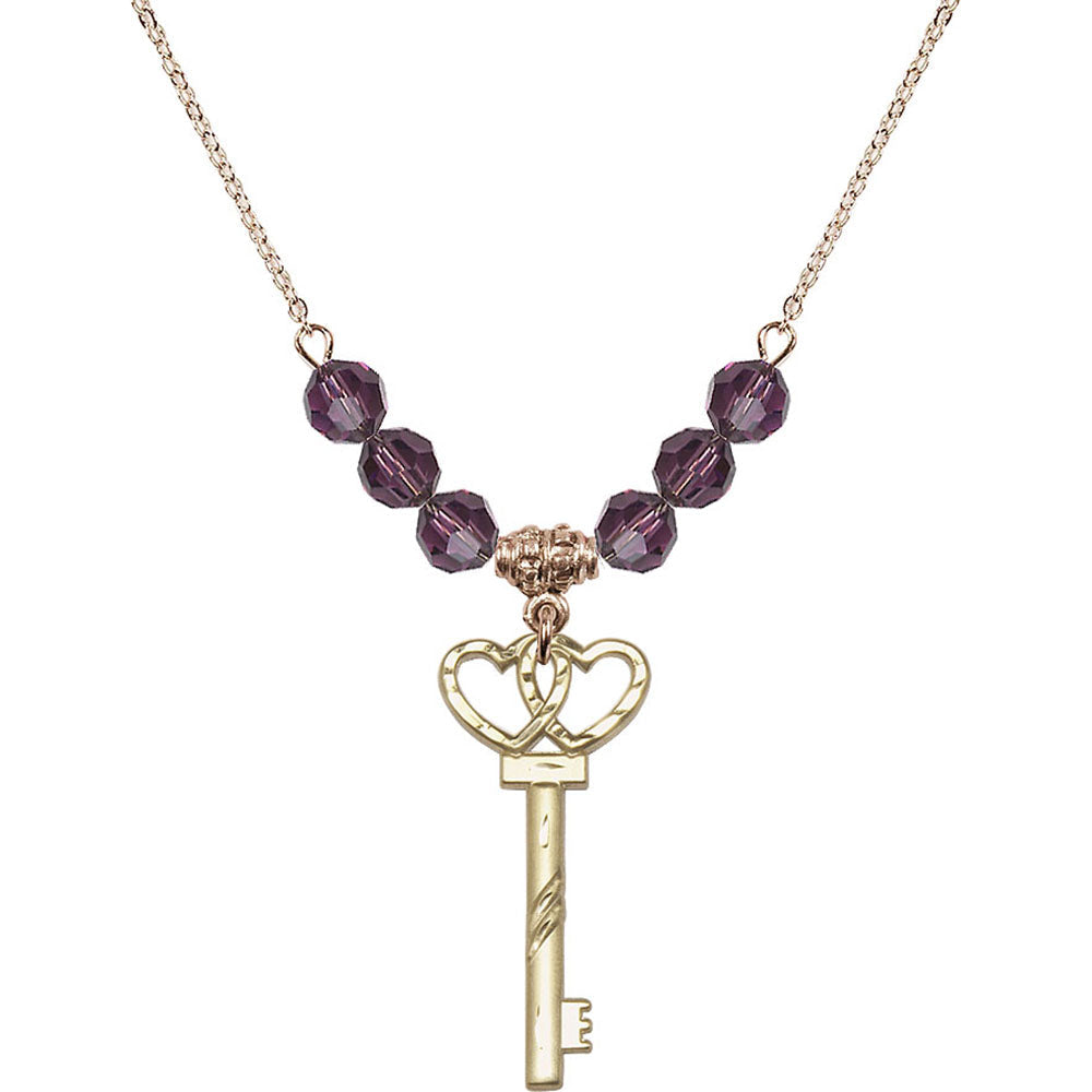 14kt Gold Filled Small Key w/Double Hearts Birthstone Necklace with Amethyst Beads - 6213