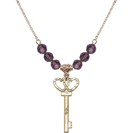 14kt Gold Filled Small Key w/Double Hearts Birthstone Necklace with Amethyst Beads - 6213