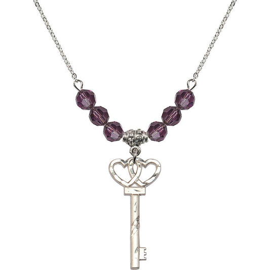 Sterling Silver Small Key w/Double Hearts Birthstone Necklace with Amethyst Beads - 6213
