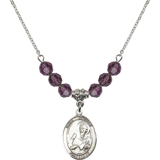 Sterling Silver Saint Andrew the Apostle Birthstone Necklace with Amethyst Beads - 8000