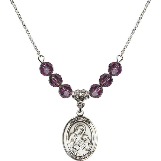 Sterling Silver Saint Ann Birthstone Necklace with Amethyst Beads - 8002