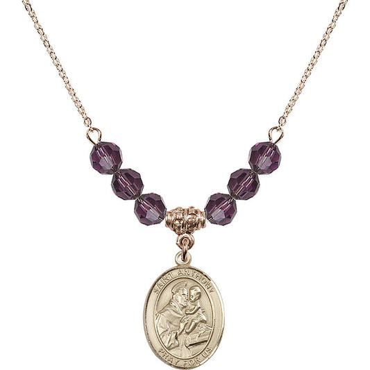 14kt Gold Filled Saint Anthony of Padua Birthstone Necklace with Amethyst Beads - 8004