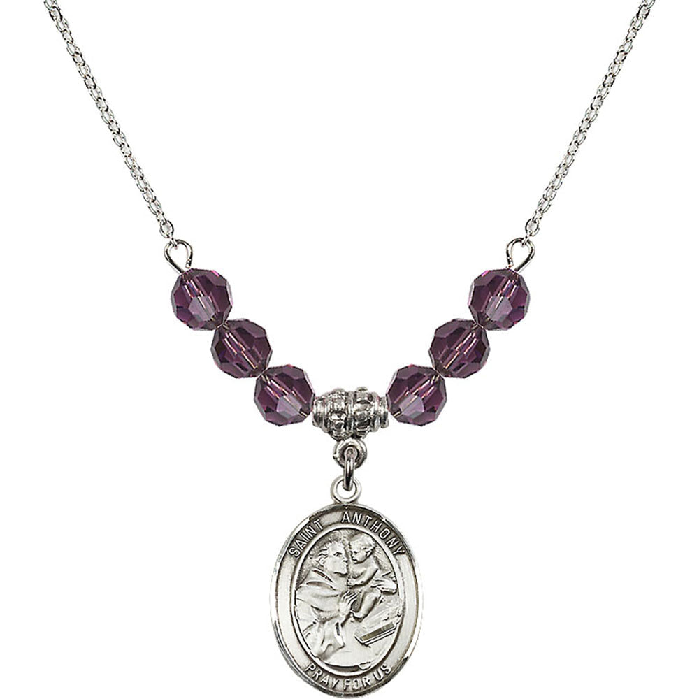 Sterling Silver Saint Anthony of Padua Birthstone Necklace with Amethyst Beads - 8004