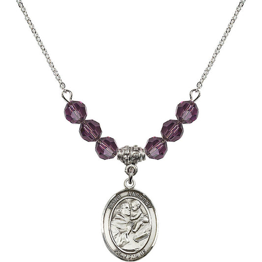 Sterling Silver Saint Anthony of Padua Birthstone Necklace with Amethyst Beads - 8004