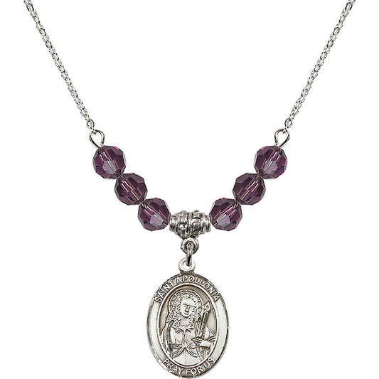 Sterling Silver Saint Apollonia Birthstone Necklace with Amethyst Beads - 8005