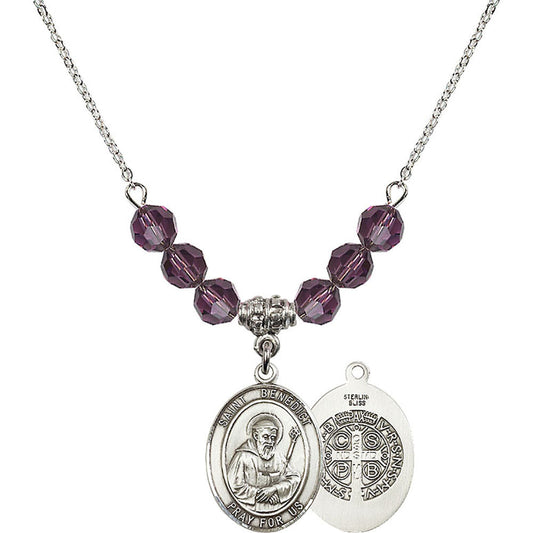 Sterling Silver Saint Benedict Birthstone Necklace with Amethyst Beads - 8008